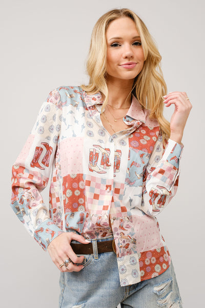 Boot Scootin' Patchwork Button Down Top