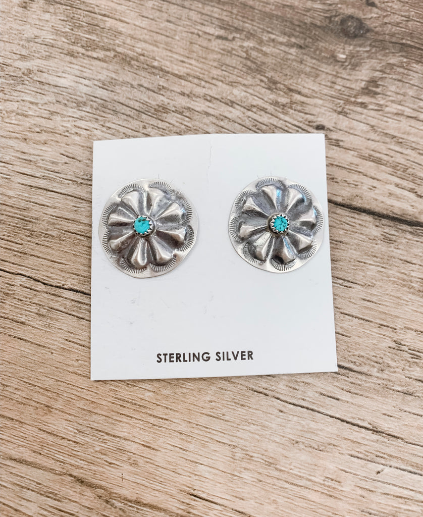 Large Stamped Sterling Silver & Turquoise Studs