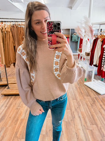 Crochet Insert Mock Neck Sweater