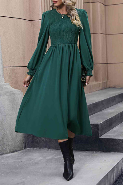 Green Smocked Long Sleeve Midi Dress