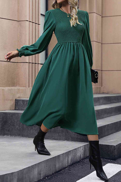 Green Smocked Long Sleeve Midi Dress