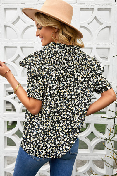 Floral Ruffle Shoulder Tie Neck Top