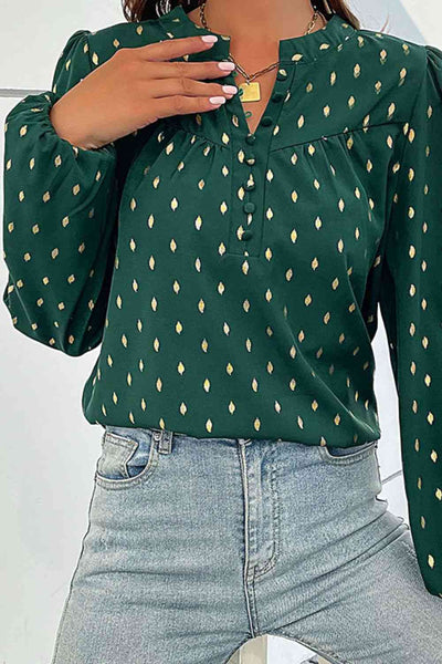Green & Gold Foil Puff Sleeve Blouse