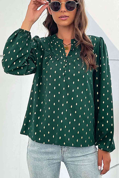Green & Gold Foil Puff Sleeve Blouse
