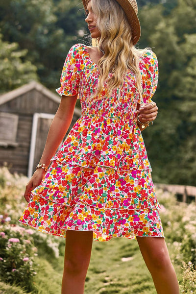 Smocked Floral Flounce Sleeve Mini Dress {4 Colors!}